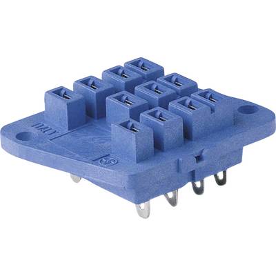 A blue electrical connector with multiple slots and metal contacts, suitable for electronic connections.