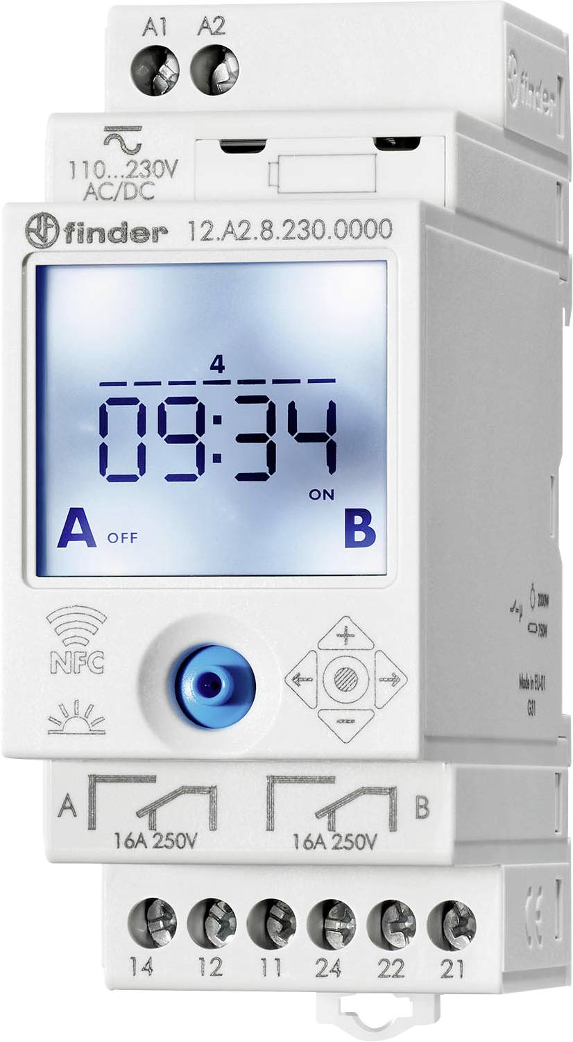 An electronic timer with a digital display shows '09:34'. The device has buttons for settings and is designed for 110-230V AC/DC.