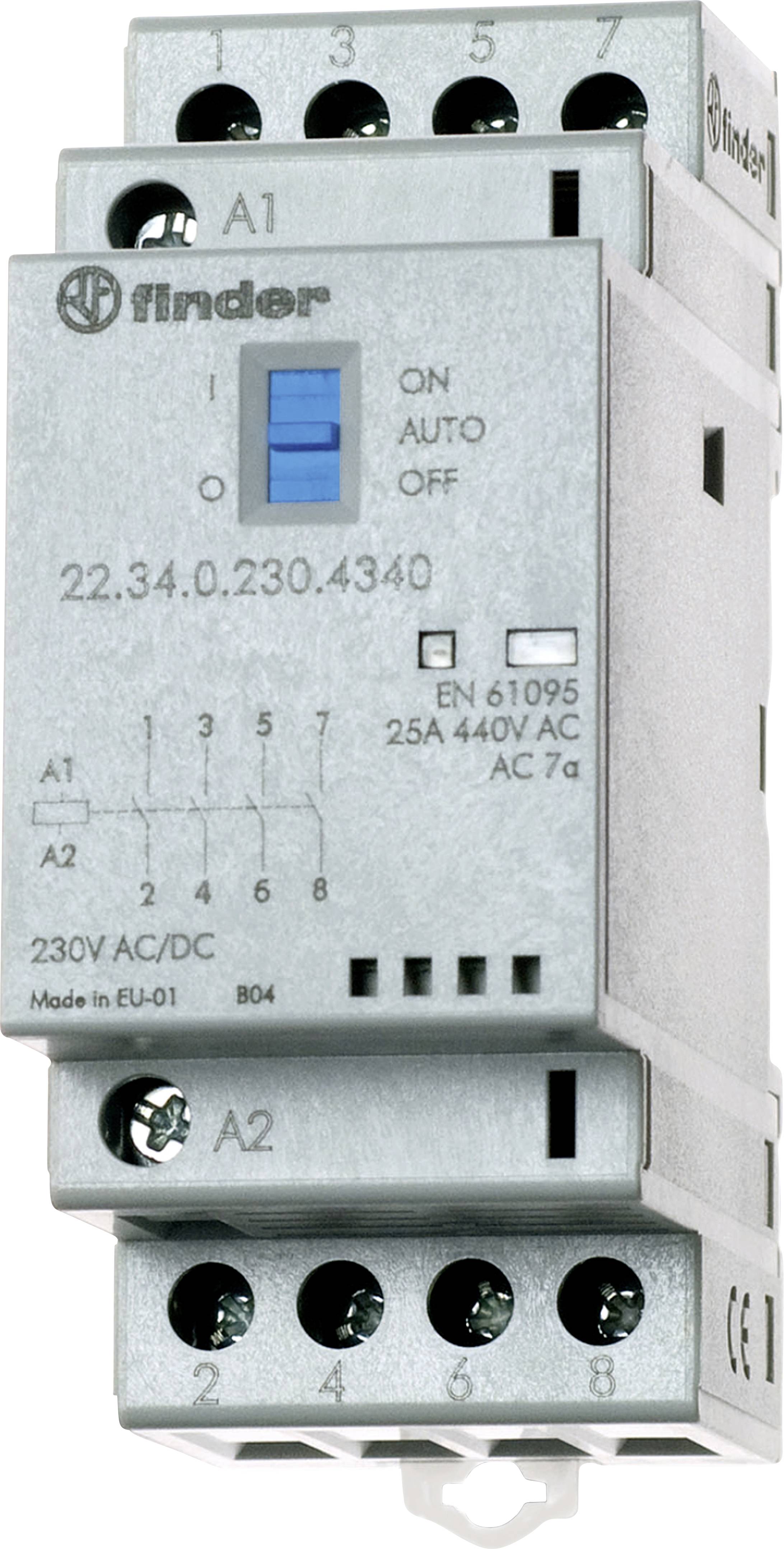 A grey electrical relay with a blue adjustment button, showing 'ON', 'AUTO', 'OFF'. Suitable for 230V, 25A. Model number printed.