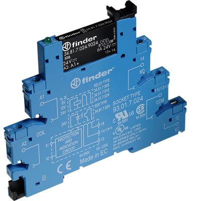 A blue finder relay with protective circuitry from Europe, model number 39.01.7.024, designed for 24V and 6A.
