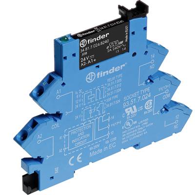 Blue relay module by Finder, Model 34.81 with inscription. It shows technical details such as voltage 24V AC/DC, socket type 93.51/7.024.