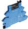 Blue relay module by Finder, Model 34.81 with inscription. It shows technical details such as voltage 24V AC/DC, socket type 93.51/7.024.