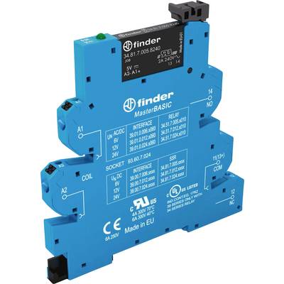 A blue electrical relay module by Finder, type MasterBASIC, marked with technical specifications and certifications.