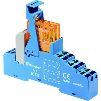 A Finder electrical relay, type 95.05, mounted on a blue base. Suitable for 10A, 250V, manufactured in the EU.