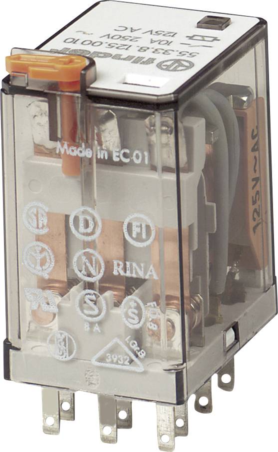 Electromagnetic relay with a transparent casing, showing internal contacts and connections. Top view with technical details visible.