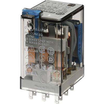 A transparent relay with copper coils and blue wires, marked with '24V DC'. Printed markings of technical and normative information.