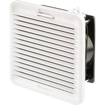 Industrial ventilator in a white housing with ventilation grilles, used for cooling and ventilating technical equipment.