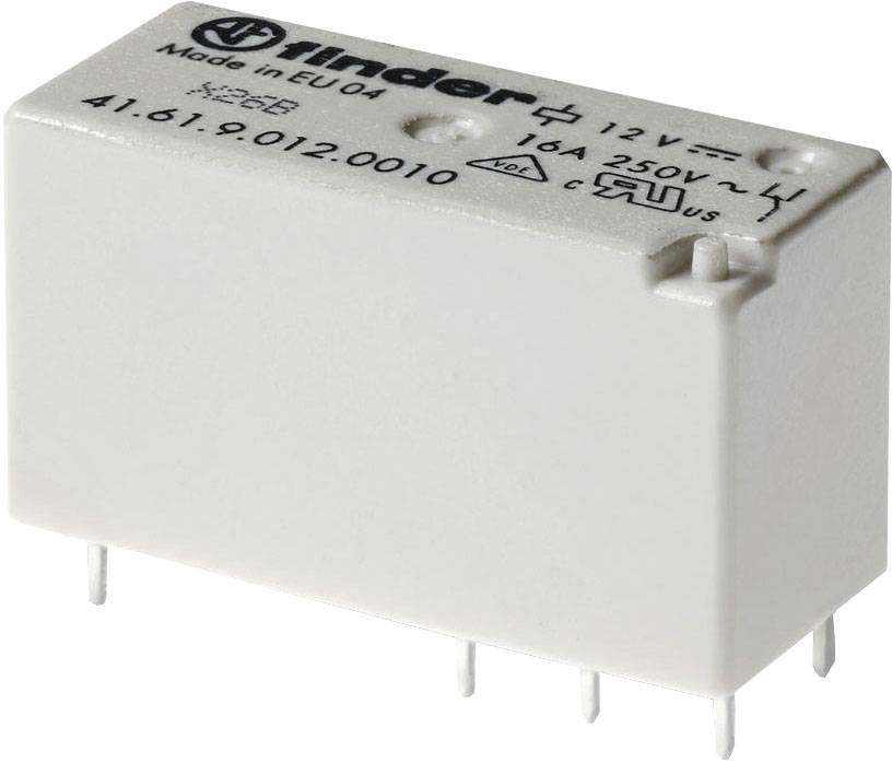 A rectangular, white electrical component with four metal pins for mounting. Labelling shows specifications: 12V, 16A, 250V.