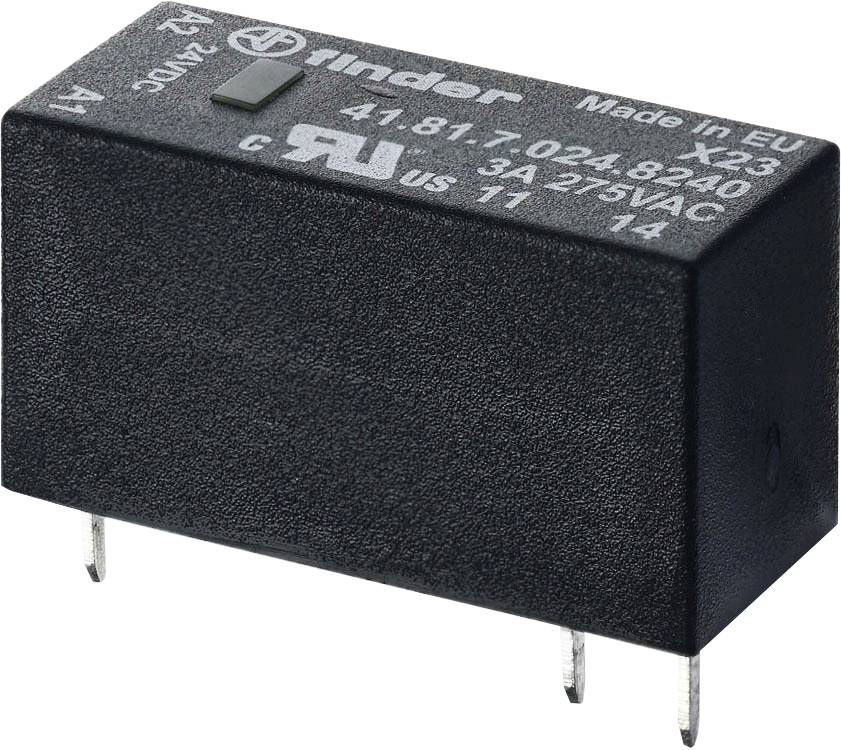 Black relay with 'Finder 41.81' label and technical specifications on the top surface, showing electrical connection pins.