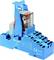 Blue socket with mounted relay, suitable for industrial applications. Inscription: 'finder 94.P3'. Made in EU. CE marking.