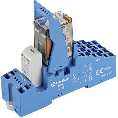 Blue relay module by Finder, type 94.04, with transparent cover and electrical specification labels on the side.