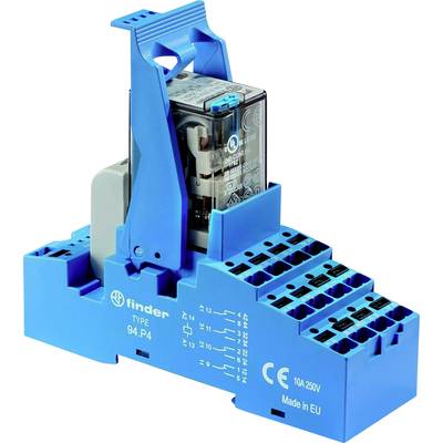 A blue 11-pin relay socket module with a plugged-in relay. Markings indicate electrical connections. CE marking.
