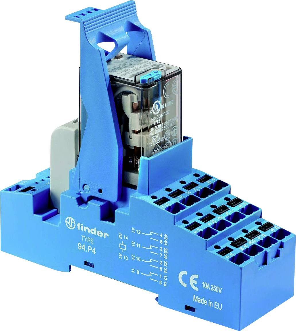 Blue relay module with a transparent protective enclosure on a plug-in socket, suitable for control and automation applications.