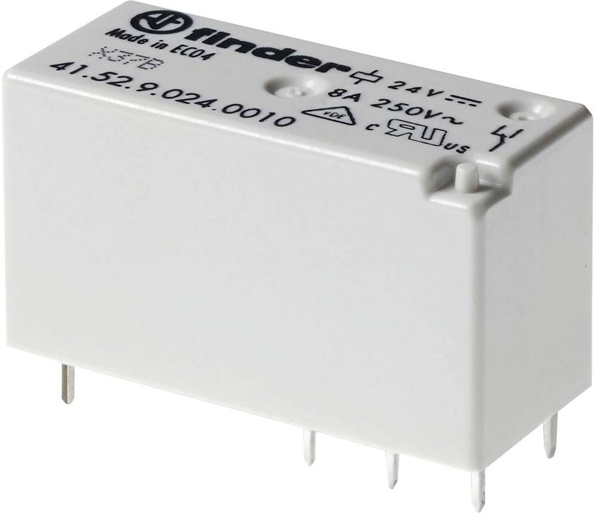 White relay by Finder, model number '41.52.9.024.0010', operates with 24V and 8A, 250V AC, suitable for electronic circuits.