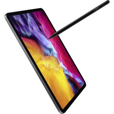 Tablet with a colourful screen and stylus. The screen displays a vibrant, abstract design. The stylus hovers above the display.