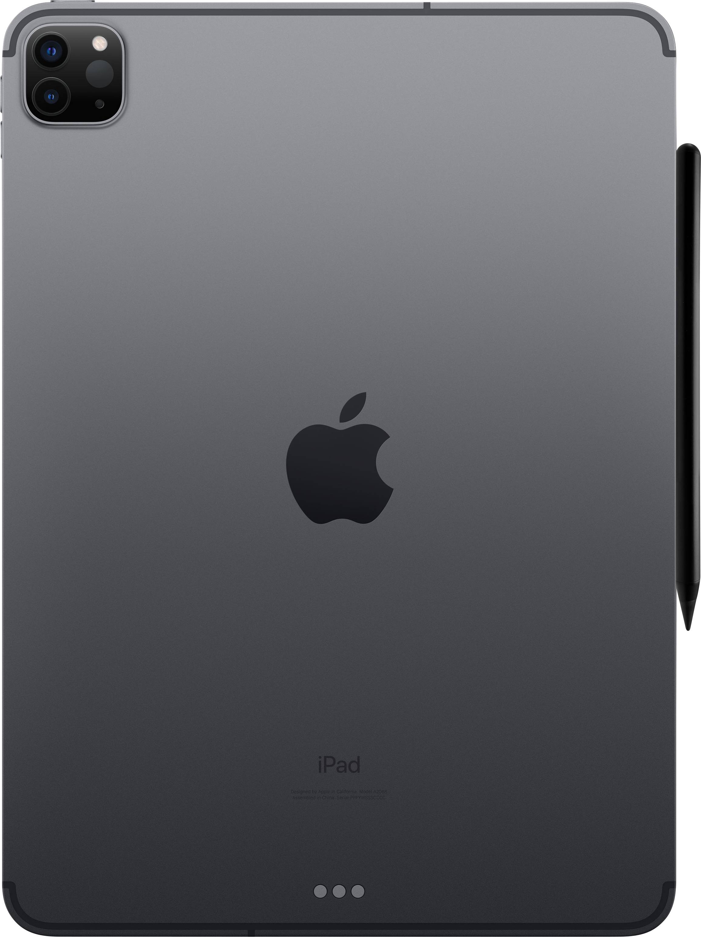 A tablet from the back, dark grey with a black stylus on the side and an Apple logo in the centre.