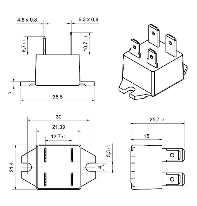 Technical drawing of an electronic connector with dimensions in millimetres: Top view, side view and rear view are shown.