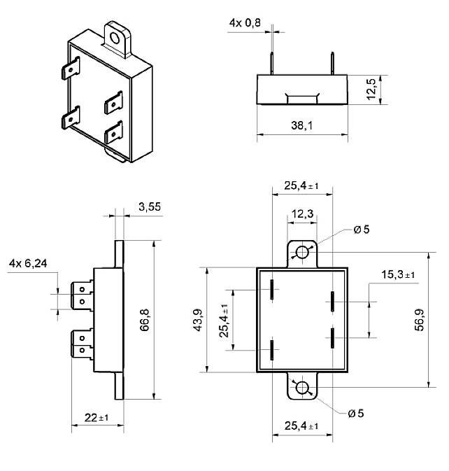 Technical drawing of a rectangular electrical plug with multiple views. Dimensions and connections are detailed.