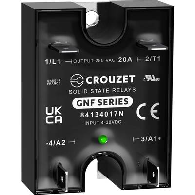 Black solid state relay from the GNF series by Crouzet, model number 84134017N, with 20A output at 280VAC and 4-30VDC input.