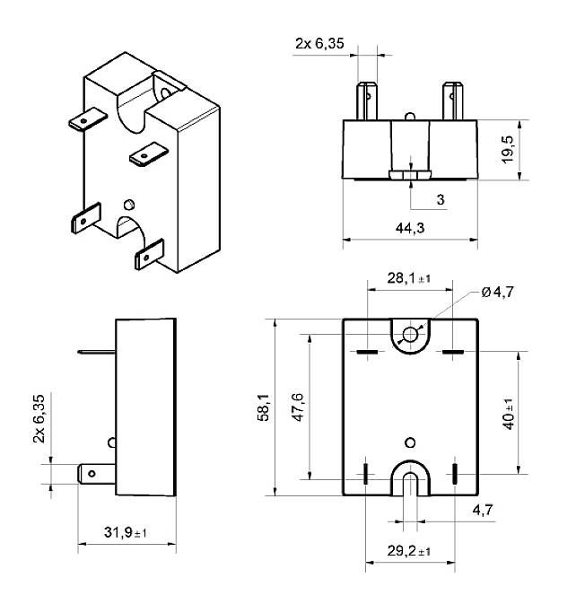 Technical drawing of an electrical component with dimensions in millimetres. Includes top, front, side views and measurements.