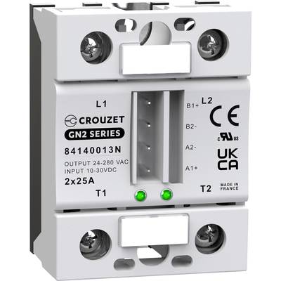 A white electric relay by Crouzet, Model GN2 Series, with specifications: 24-280 VAC output, 10-30 VDC input, 2x25A.