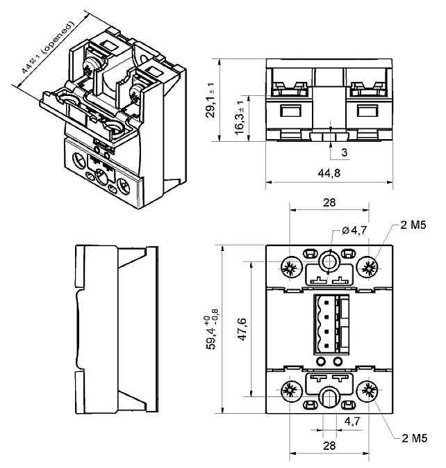 Circuit diagram of an electrical device with dimensions in millimetres. Shows front, side, and top views with specific measurement values.
