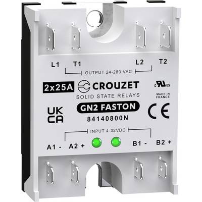 Crouzet solid-state relay, Model GN2 Faston, with specifications for electrical connections and voltage outputs on the front panel.
