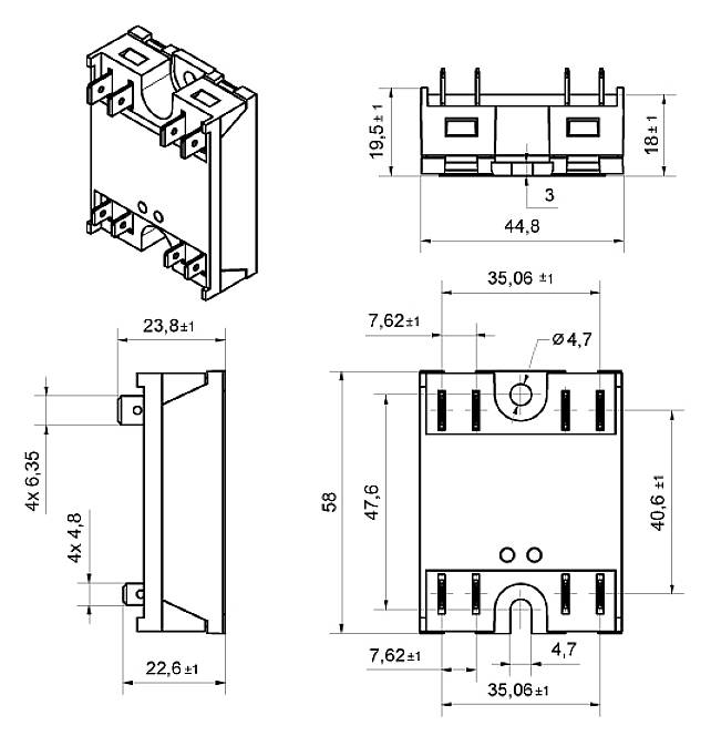 Technical drawing of a rectangular component with multiple views, dimensions, and holes. Side view shows a height of 58 mm.
