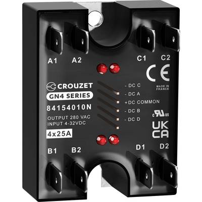 Black electrical component with multiple connection terminals, four red indicator lights, and product markings.