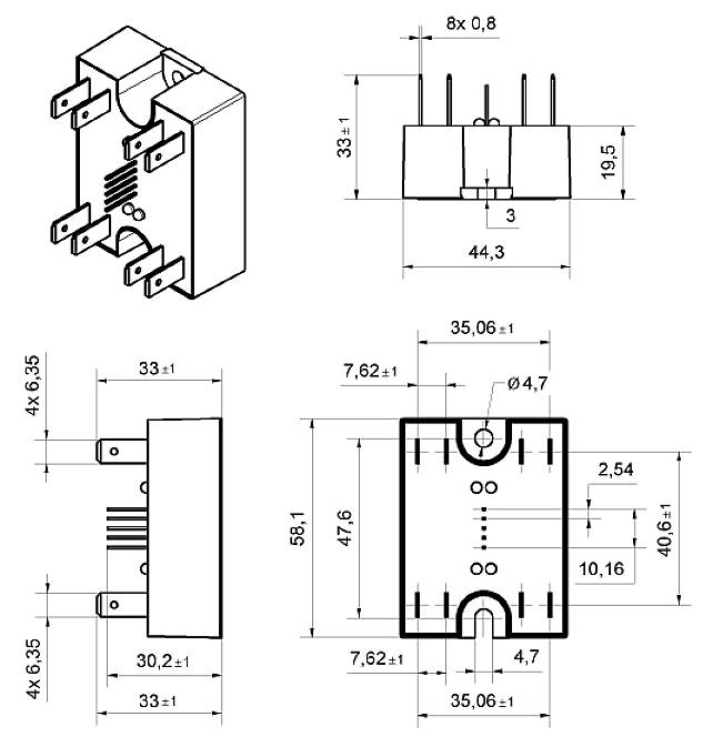 Technical drawing of an electronic component with precise dimensions in millimetres, including width, height, and positioning of the connections.