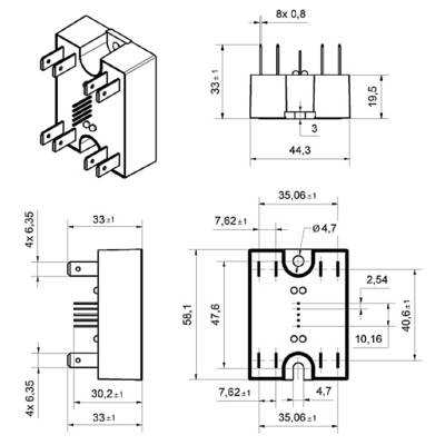 Technical drawing of an electronic component with precise dimensions in millimetres, including width, height, and positioning of the connections.