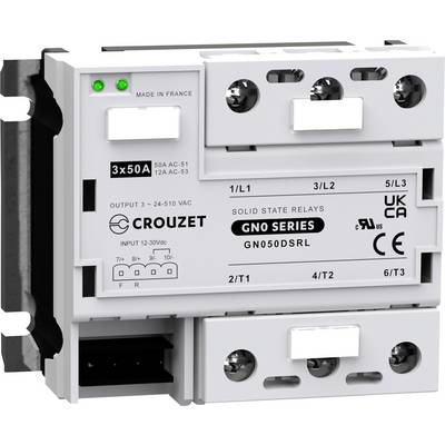 A solid-state relay from the 'Crouzet GNO Series' with 3x50 A, input 7-30 VDC. Housing with terminals and status indicator.
