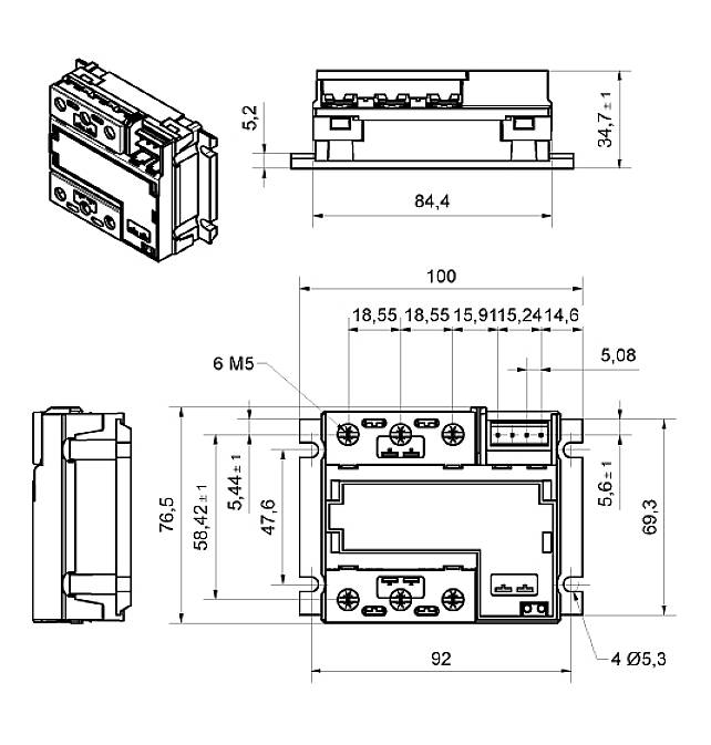Technical drawing of an electrical component with dimensions. Shows front, side, and top views with measurements in millimetres.