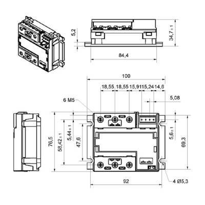 Technical drawing of an electrical component with dimensions. Shows front, side, and top views with measurements in millimetres.