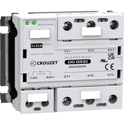 A solid-state relay by Crouzet, model 'GN3 SERIES', shown with technical specifications and connection terminals.
