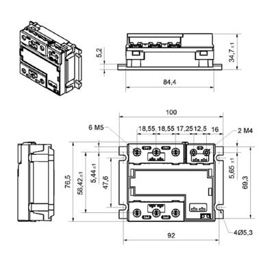 Technical drawing of an electrical relay module with dimensions in millimetres. Top, side and front views shown.