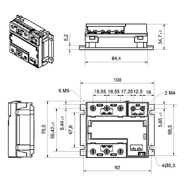 Technical drawing of an electrical device with dimensions in millimetres. Top view, side view and front view are shown.