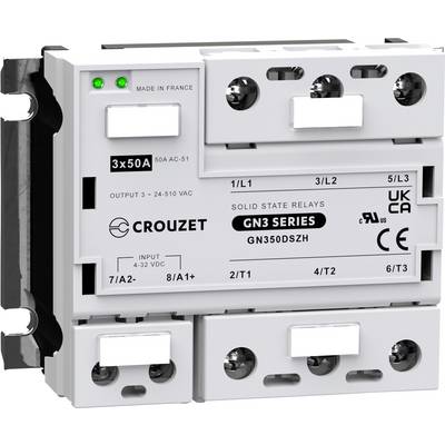 Industrial relay by Crouzet, Model GN3 Series, white housing, 'Made in France' label, AC 51, 3x50A, various connections visible.