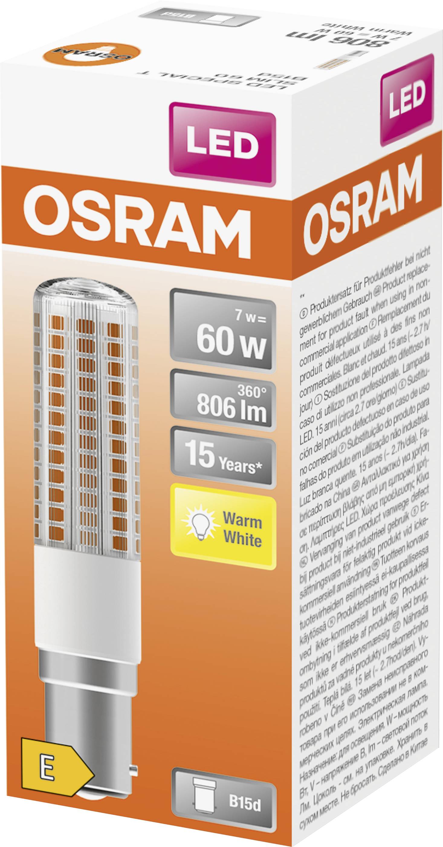 OSRAM 4058075606968, AC32095 LED (monochrome) EEC E (A - G) B15d Bulb shape 7 W = 60 W Warm white (Ø x L) 18 mm x 90 mm -1