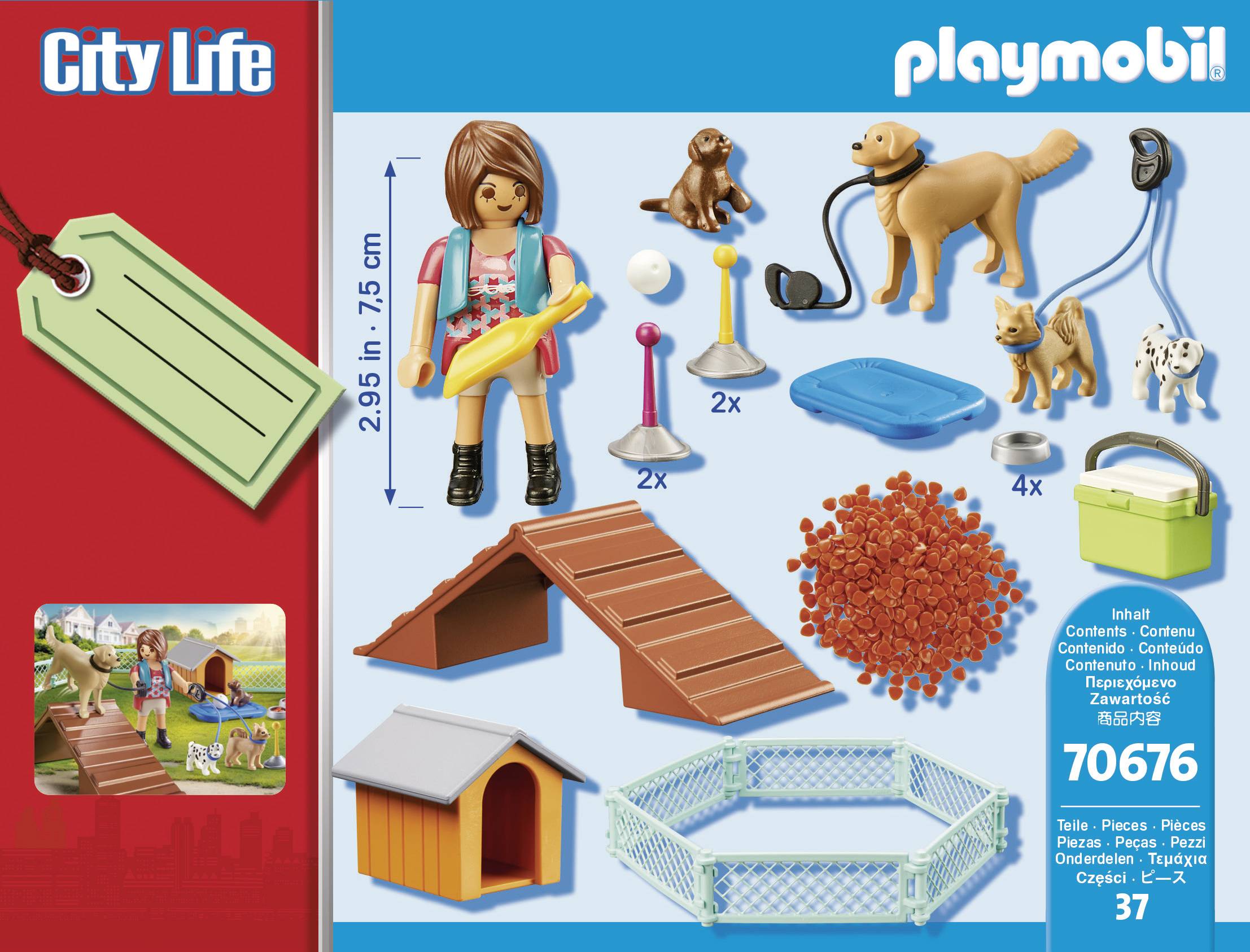Playmobil 'City Life' Toy Set. Includes dog figure, girl figure with guitar, dog kennel, fence, and accessories.