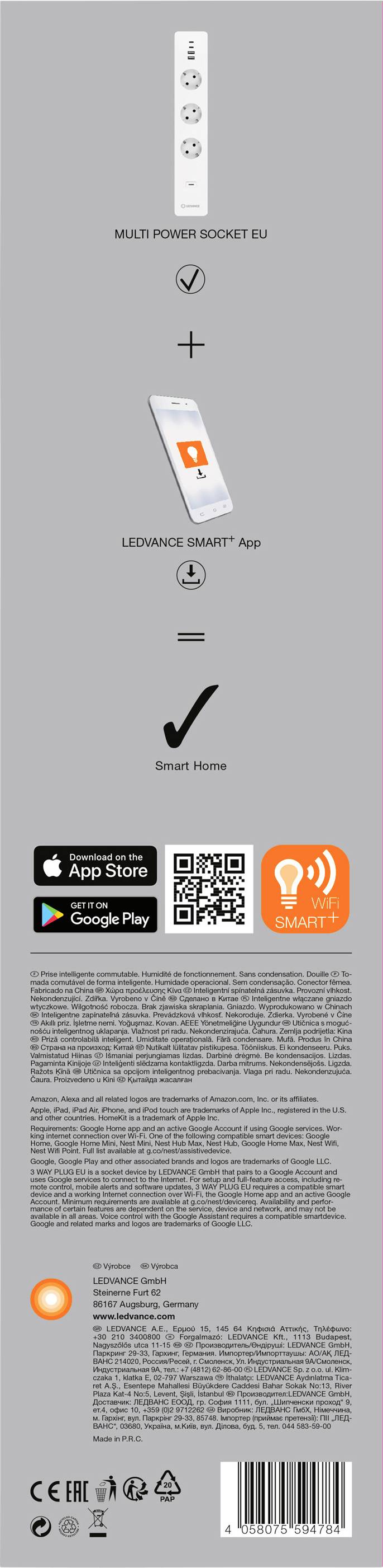 White multi-socket extension with USB ports. Compatible with the 'Ledvance Smart+' app. QR codes for App Store and Google Play.