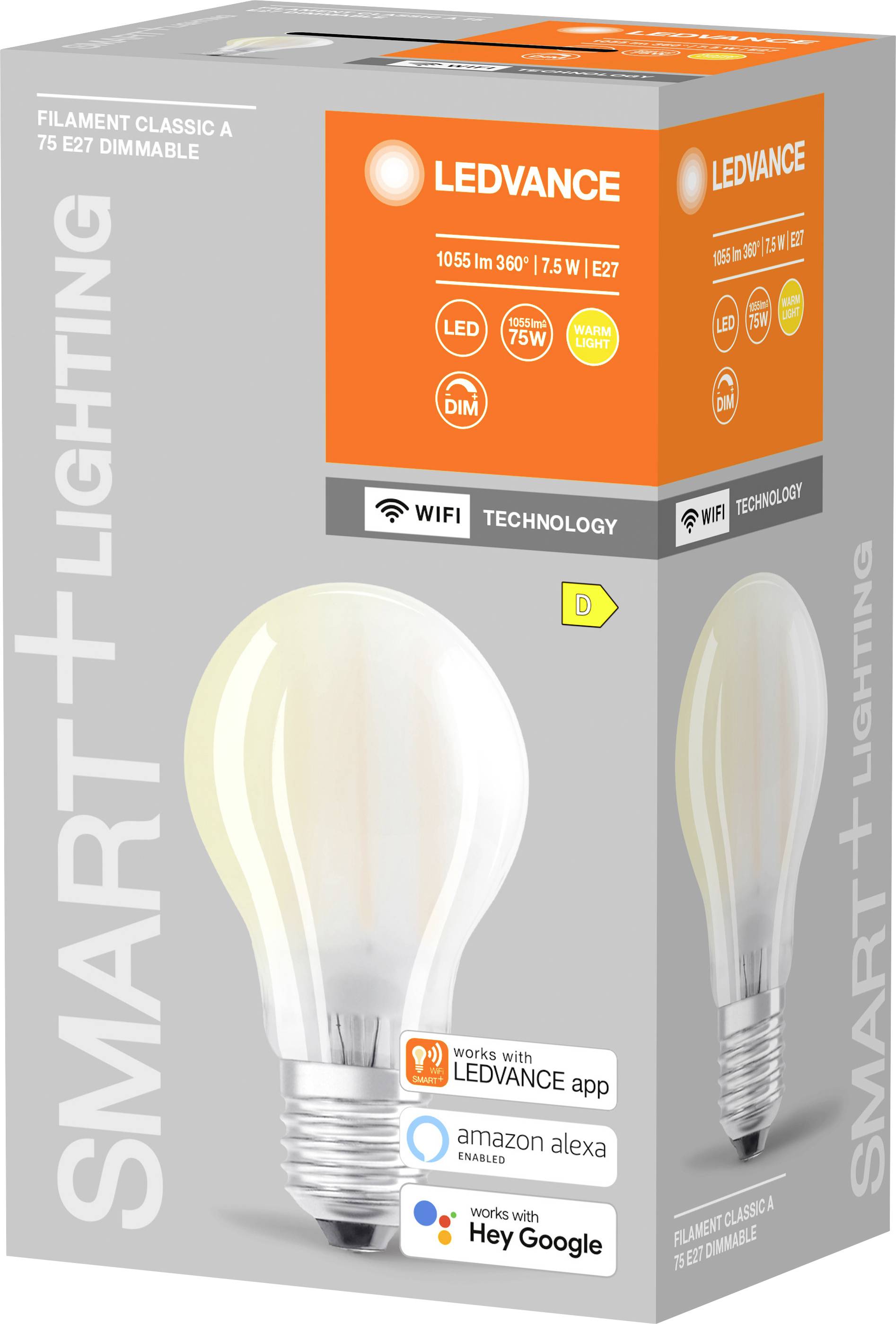 Packaging for a LEDVANCE Light Bulb, 1055 Lumens, 75W, E27, Dimmable, with Smart Technology, Compatible with Amazon Alexa and Google Assistant.