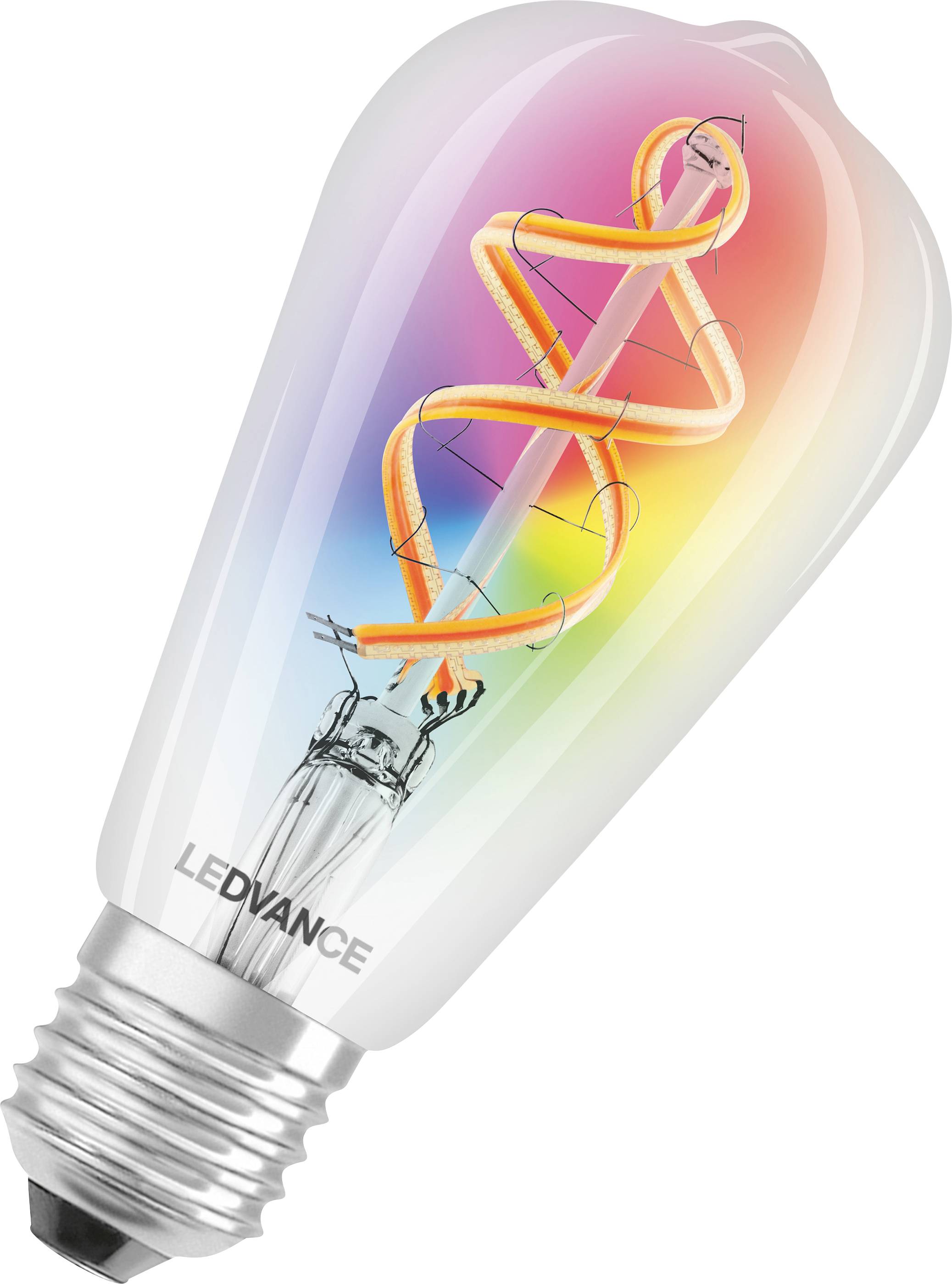 LED light bulb with spiral-shaped filament in rainbow colours, marked with 'LEDVANCE'.