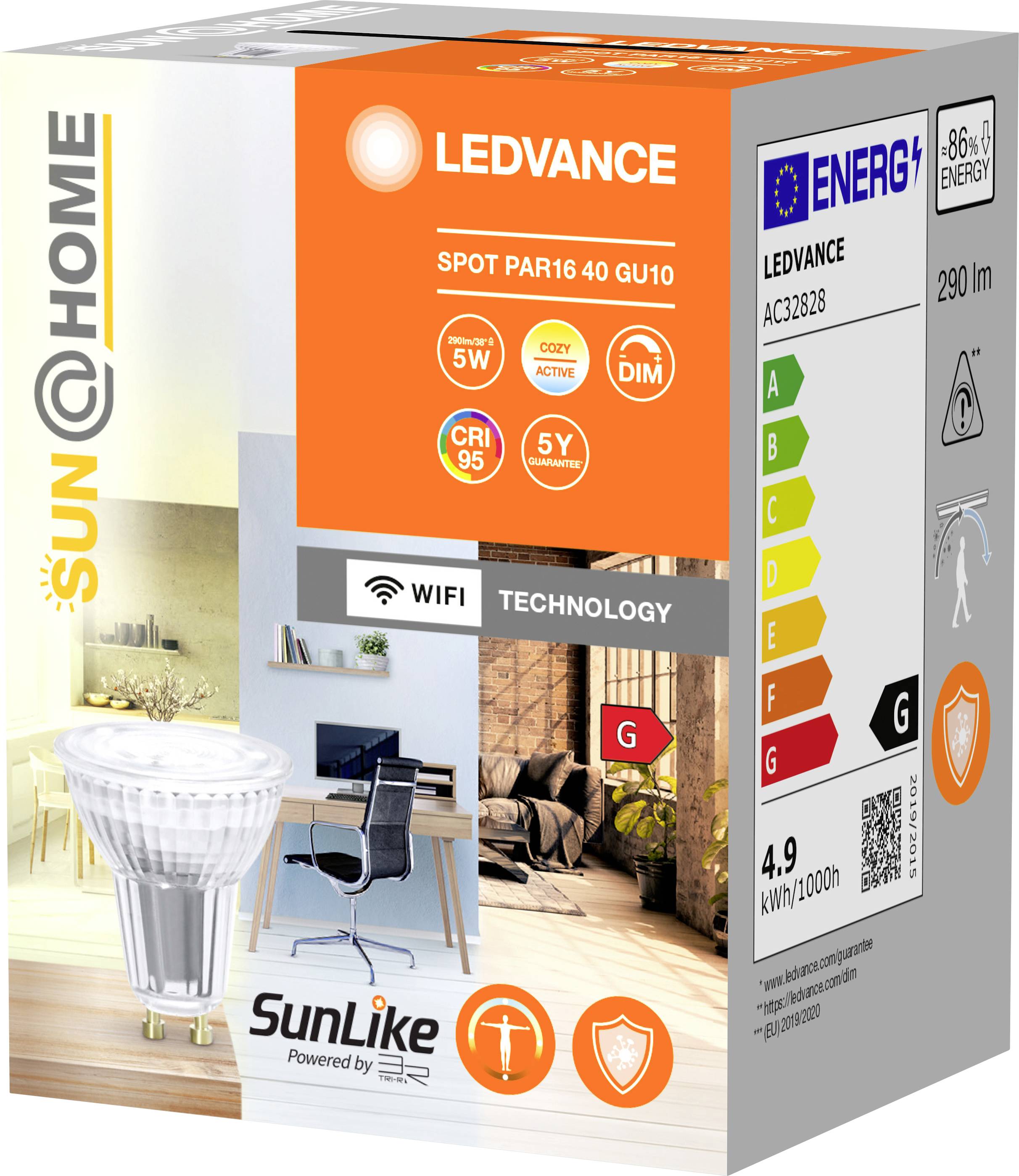 LED lamp from Sun@Home with GU10 socket, 40 watts, dimmable, Wi-Fi technology. Energy rating G, 290 lumens, 5-year warranty.