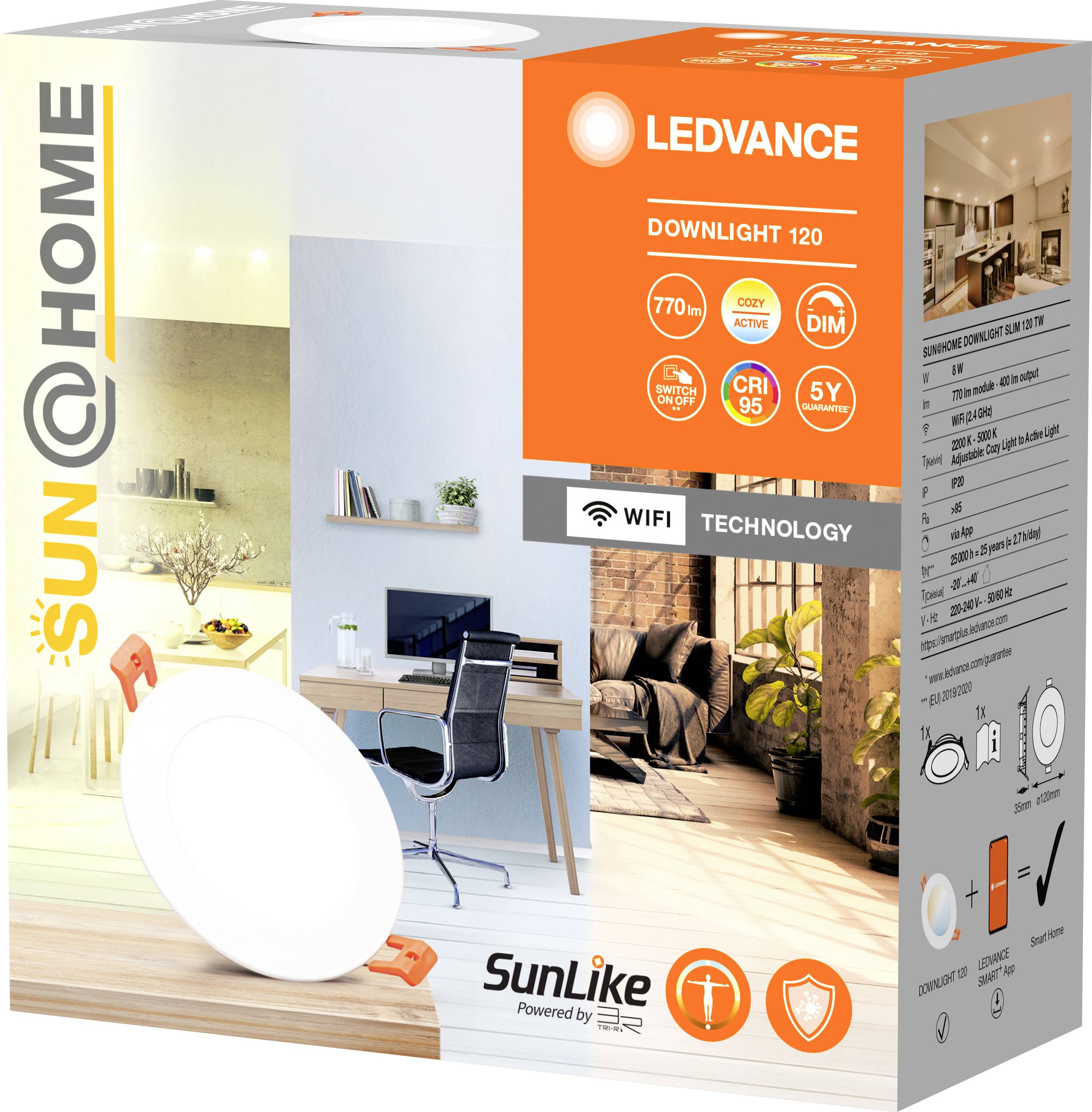 LED Ceiling Light; Brand: Sun@Home, Model: Downlight 120, 770 Lumens, CRI 95, Dimmable, Wi-Fi Technology, 5-Year Warranty.