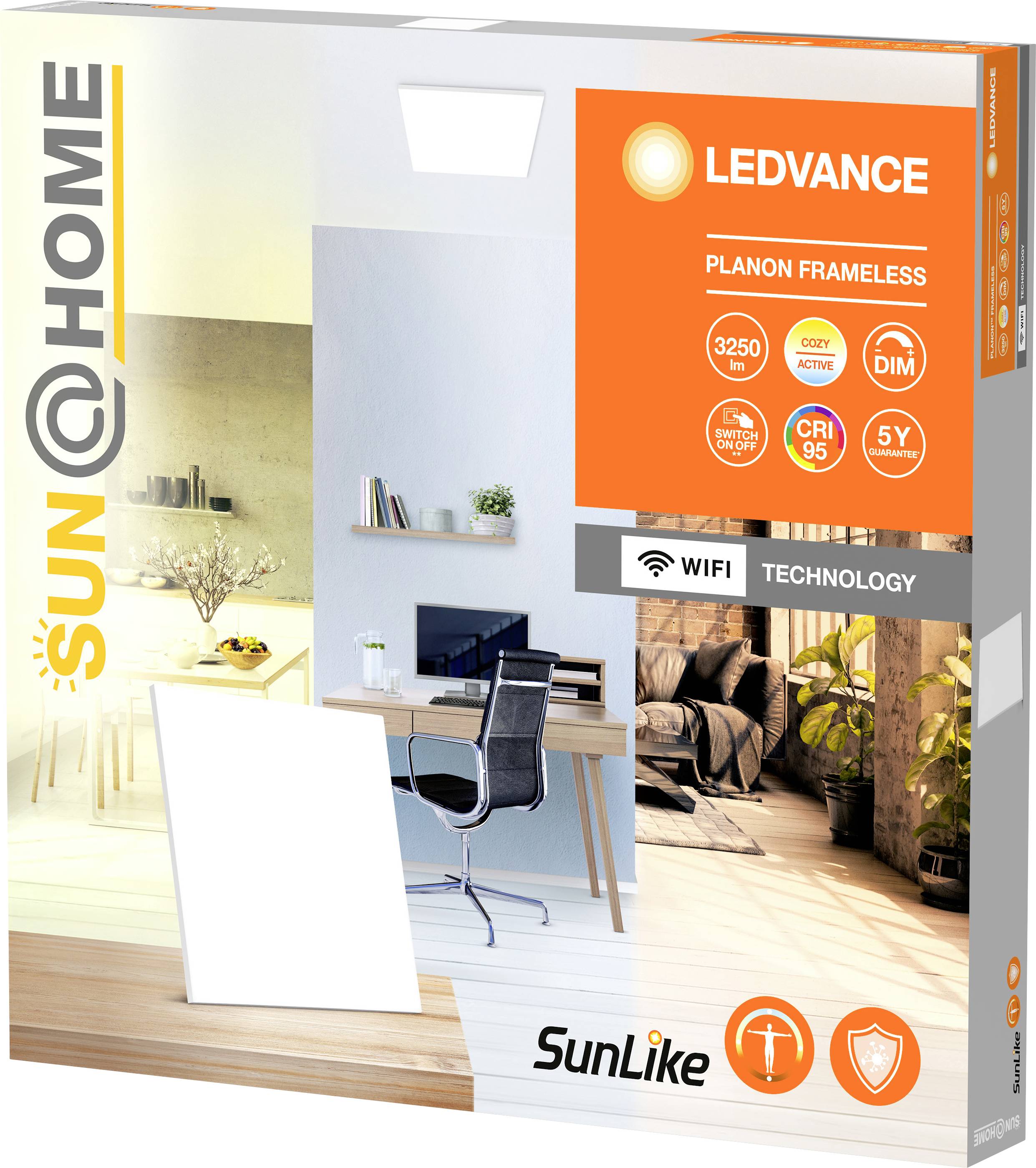 Packaging of the LEDVANCE Sun@Home light fitting with WiFi technology. Depicts a modern, bright office with desk, chair and lighting.