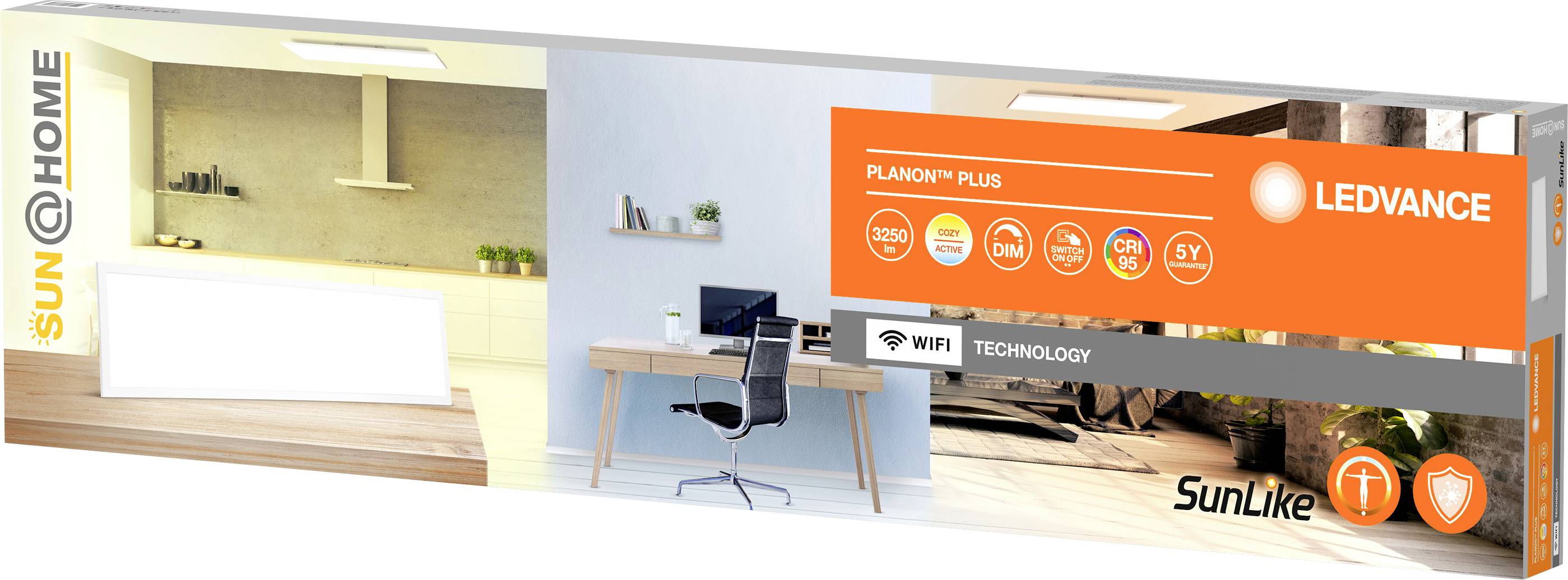 The packaging of an LEDVANCE LED ceiling light depicts a modern office space with a table and chair, along with the product features.
