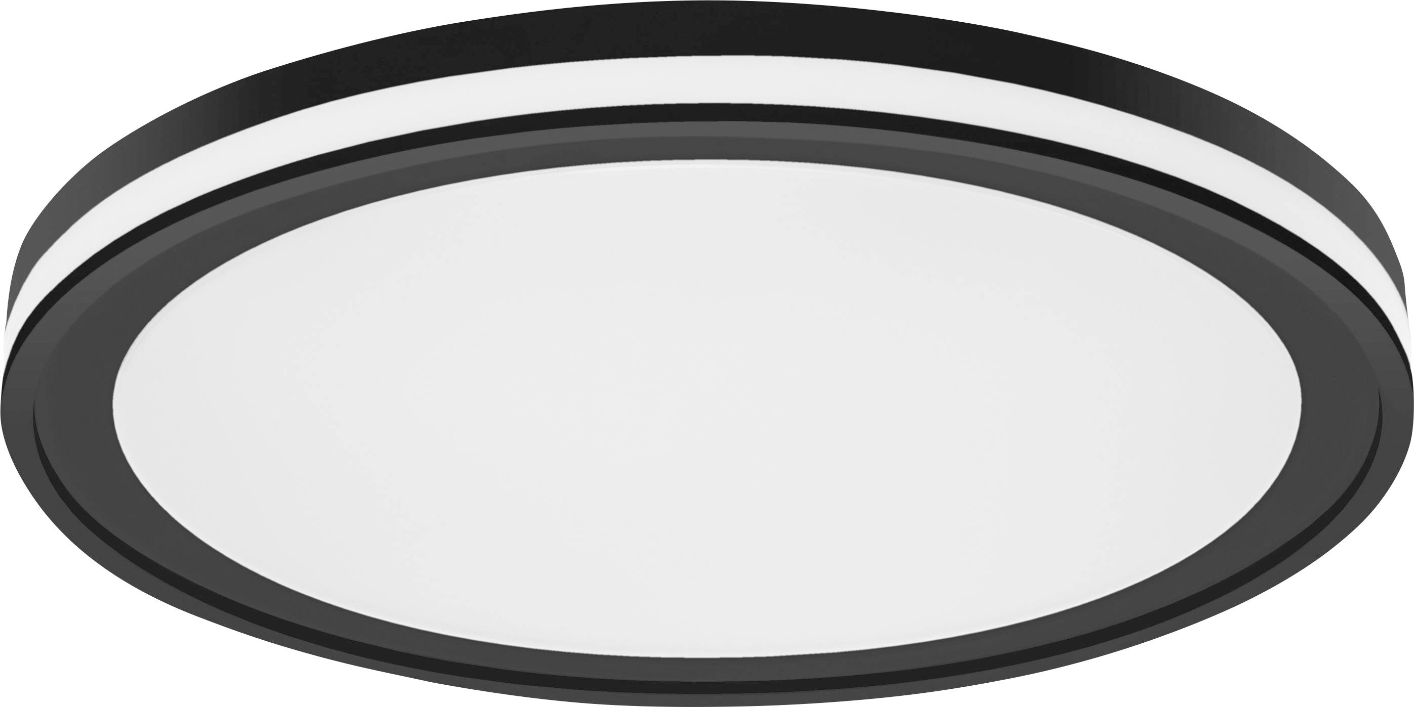 A round, flat ceiling light with a black border and white illuminated surface, suitable for modern living spaces.