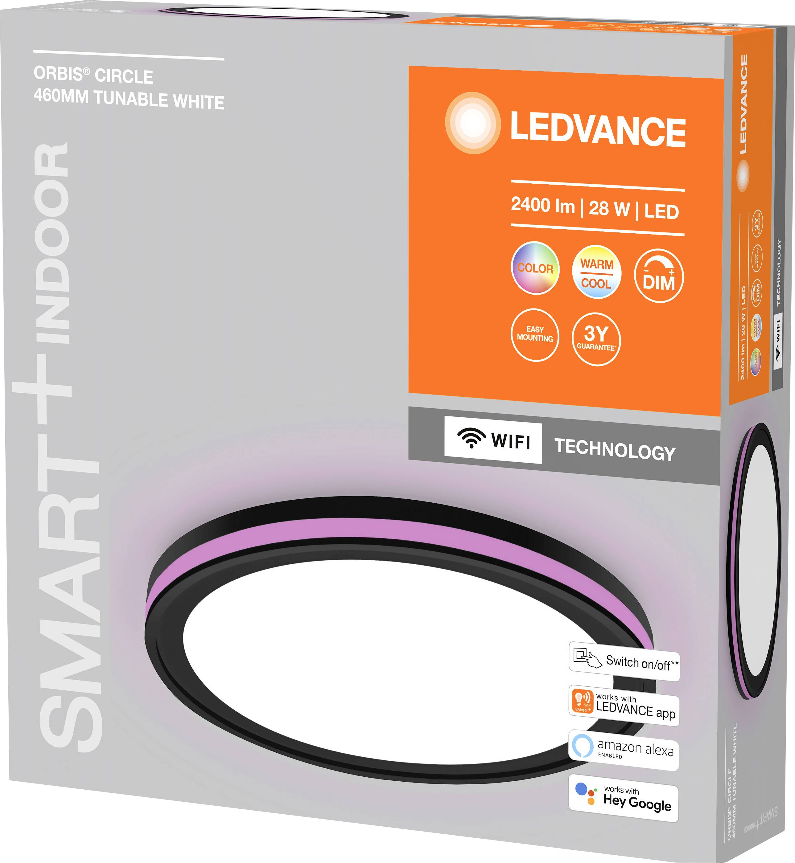 Packaging for a round LED ceiling light, 'SMART+ CIRCLE' by LEDVANCE, 28W, 2400lm, dimmable, with Wi-Fi technology, controllable via app and voice assistants.