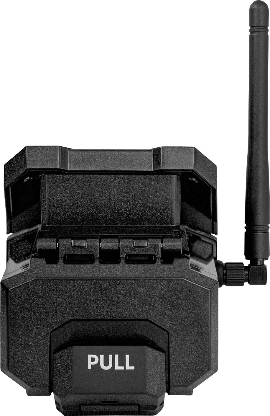 A black device with an antenna and a handle labelled 'PULL', presumably a technical device or an accessory part.